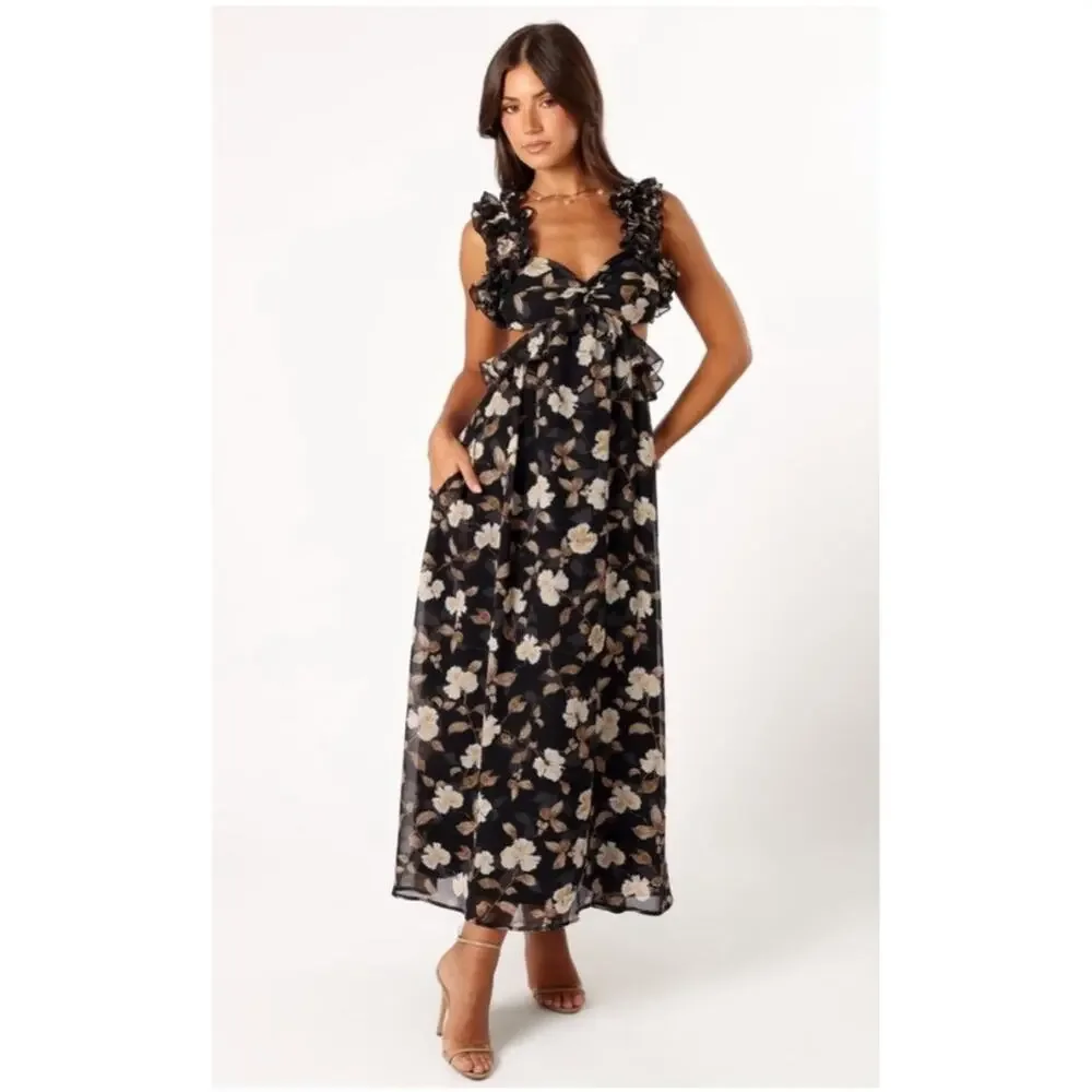 Petal & Pup Lucah Dress Size Large Frill Floral Maxi Wedding Formal Cocktail Blk - Picture 3 of 16